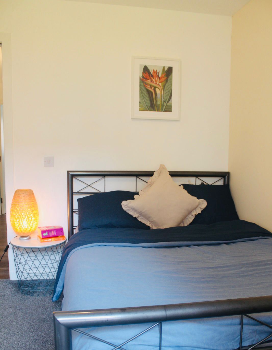 Bedroom with blue linen